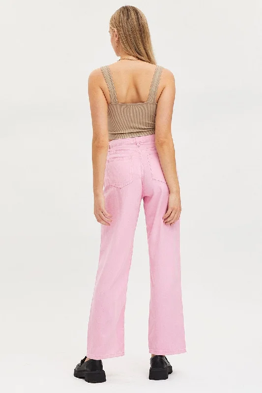 Pink Straight Denim Jeans High Rise