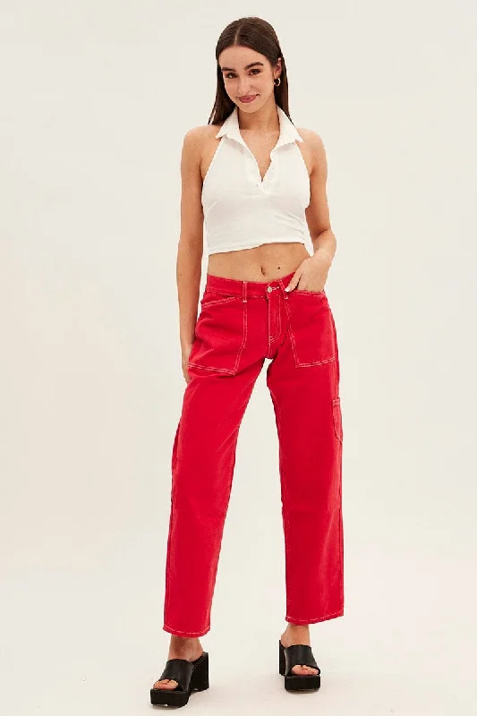 Red Cargo Denim Jeans Low Rise