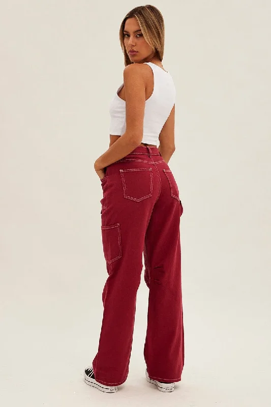 Red Cargo Jeans Mid Rise