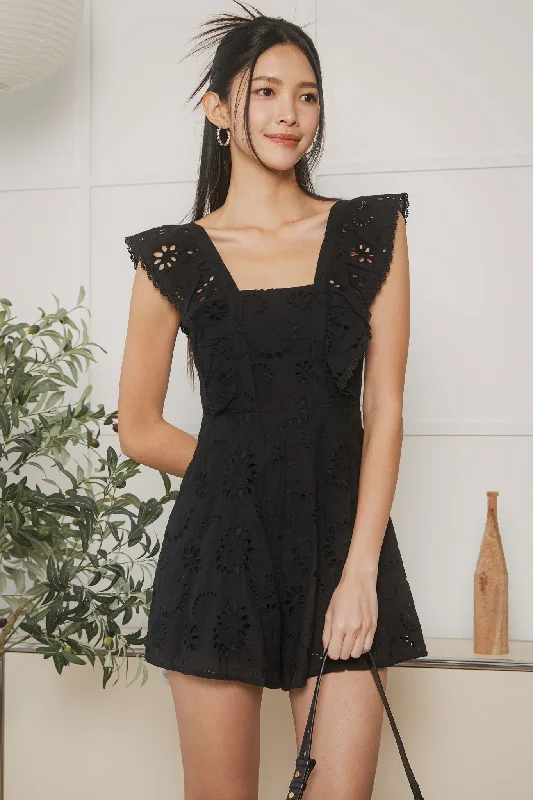 Restocked* Blythe Eyelet Ruffle Romper in Black