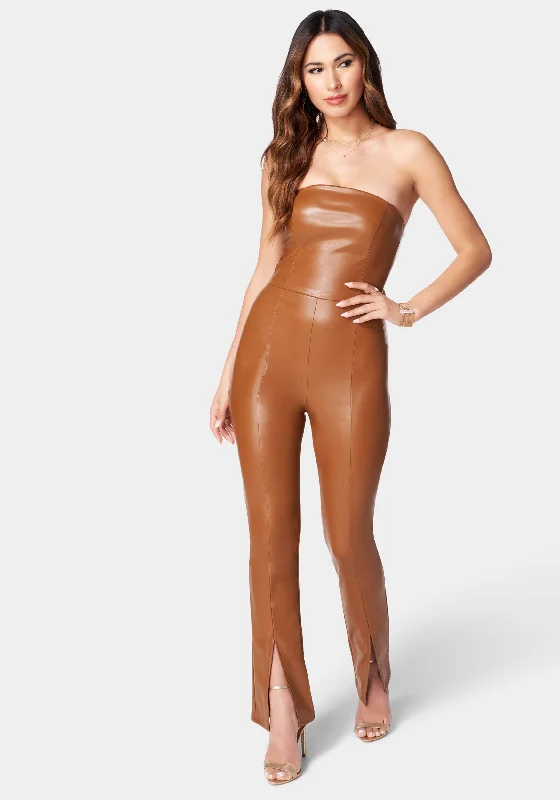 Split Hem Strapless Vegan Leather Jumpsuit