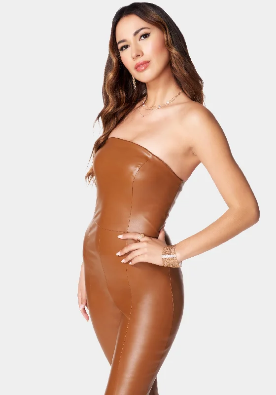 Split Hem Strapless Vegan Leather Jumpsuit