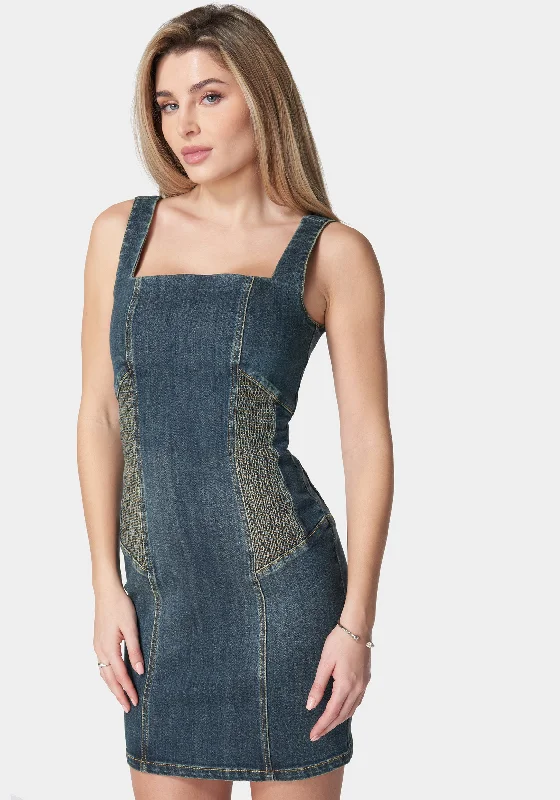 Square Neck Contour Ruching Fitted Denim Dress