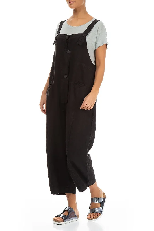 Strappy Black Linen Dungaree Jumpsuit