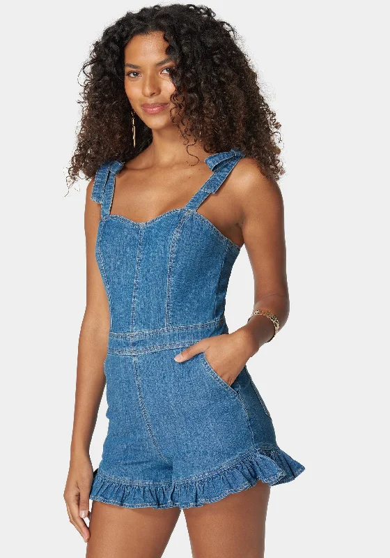 Tie Strap Ruffle Detail Denim Romper