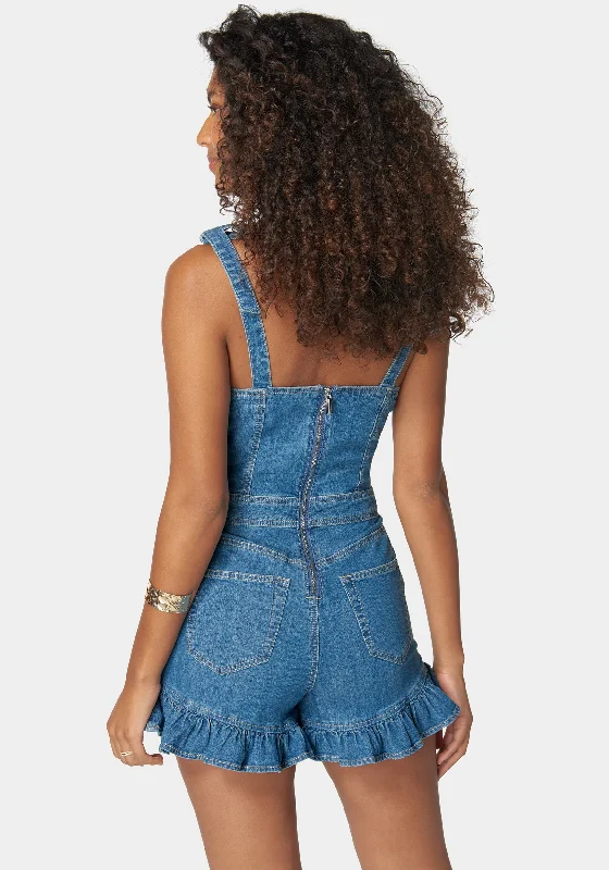 Tie Strap Ruffle Detail Denim Romper