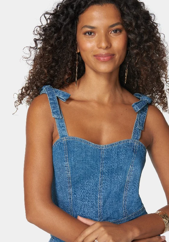 Tie Strap Ruffle Detail Denim Romper