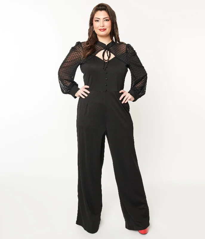 Unique Vintage Plus Size 1970s Black & Polka Dot Long Sleeve Jumpsuit