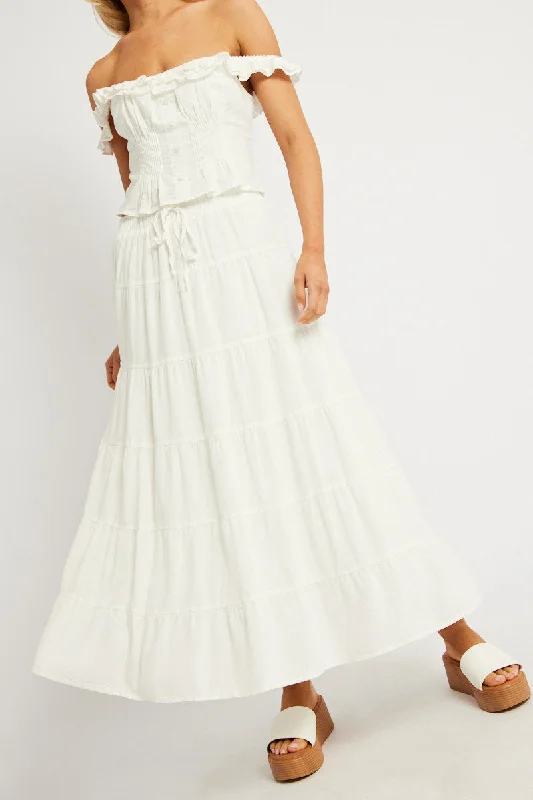 White Maxi Skirt Tiered High Rise Linen Blend