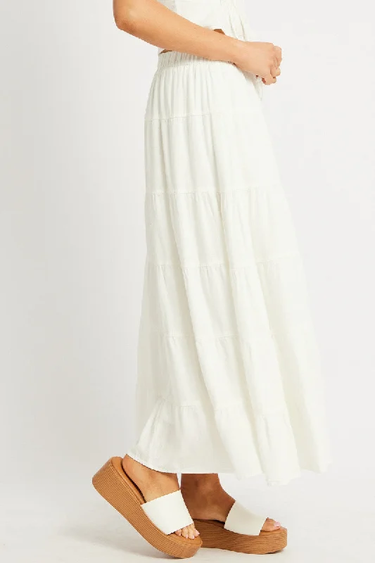 White Maxi Skirt Tiered High Rise Linen Blend