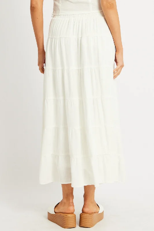 White Maxi Skirt Tiered High Rise Linen Blend