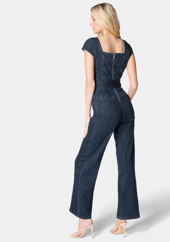 Wide Leg Pearl Detail Denim Jumpsuit