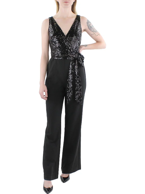 Womens Sequined Belted Jumpsuit