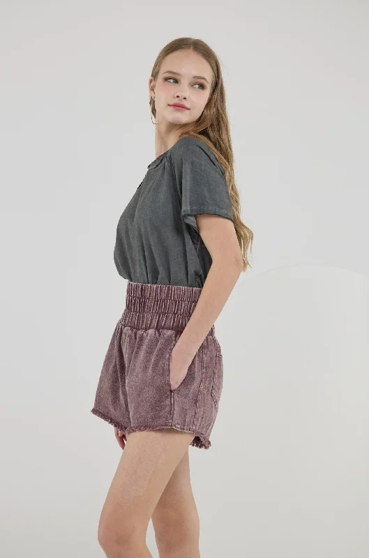 100% Cotton Mineral Wash High Rise Wide Elastic Waistband Smocked Relaxed Fit Shorts with Pockets - Chocolate