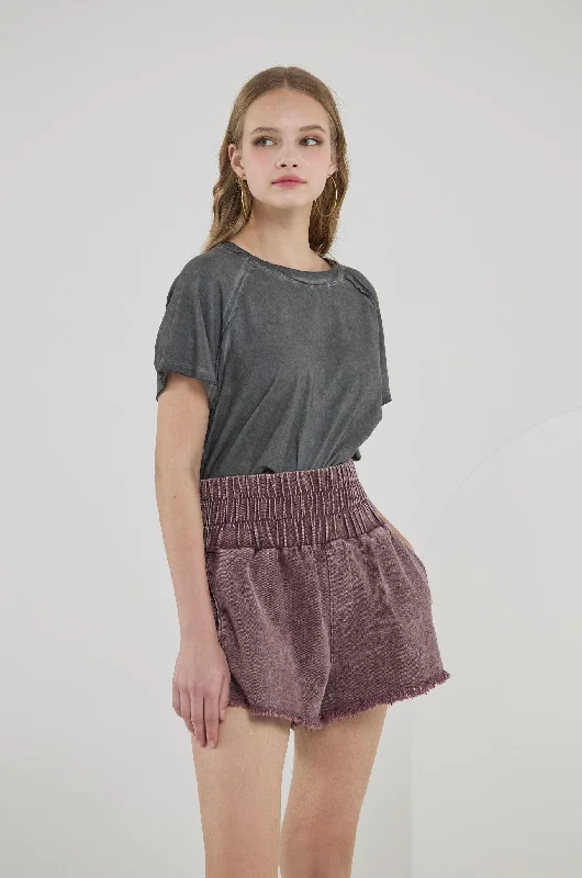 100% Cotton Mineral Wash High Rise Wide Elastic Waistband Smocked Relaxed Fit Shorts with Pockets - Chocolate