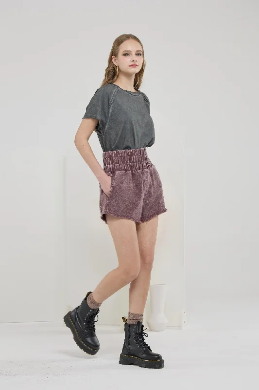 100% Cotton Mineral Wash High Rise Wide Elastic Waistband Smocked Relaxed Fit Shorts with Pockets - Chocolate