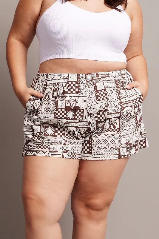 Beige Abstract Relaxed Shorts High Rise