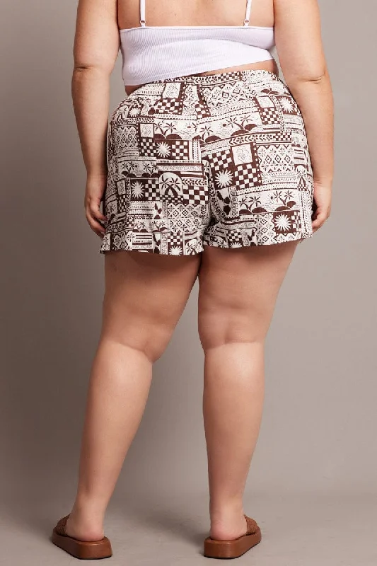 Beige Abstract Relaxed Shorts High Rise