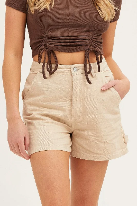 Beige Carpenter Denim Shorts High Rise