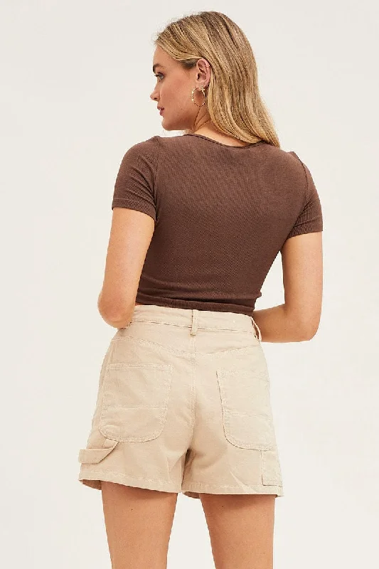 Beige Carpenter Denim Shorts High Rise