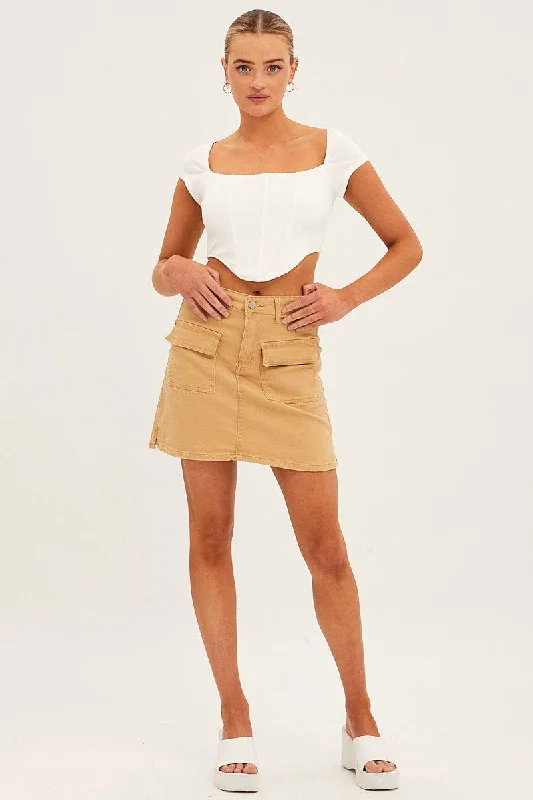 Beige High Rise Cargo Mini Denim Skirt