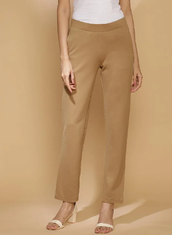 Beige Regular Plain Pants