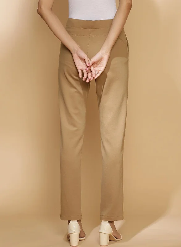 Beige Regular Plain Pants