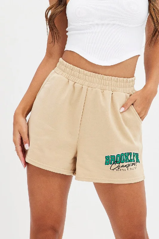 Beige Track Short Brooklyn Slogan High Waist