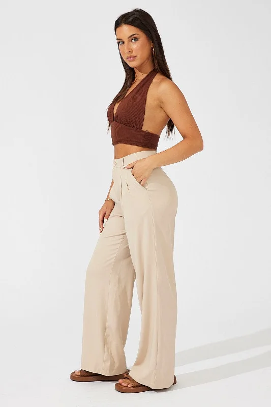 Beige Wide Leg Pants High Rise