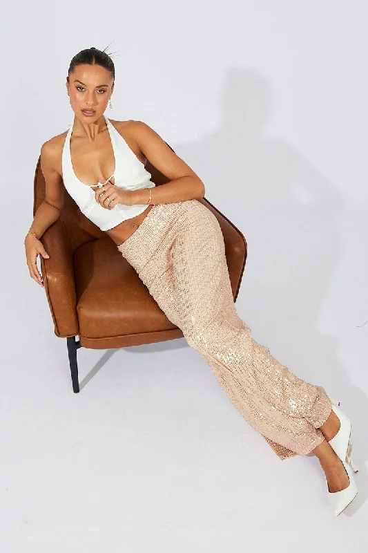 Beige Wide Leg Pants High Rise Sequin