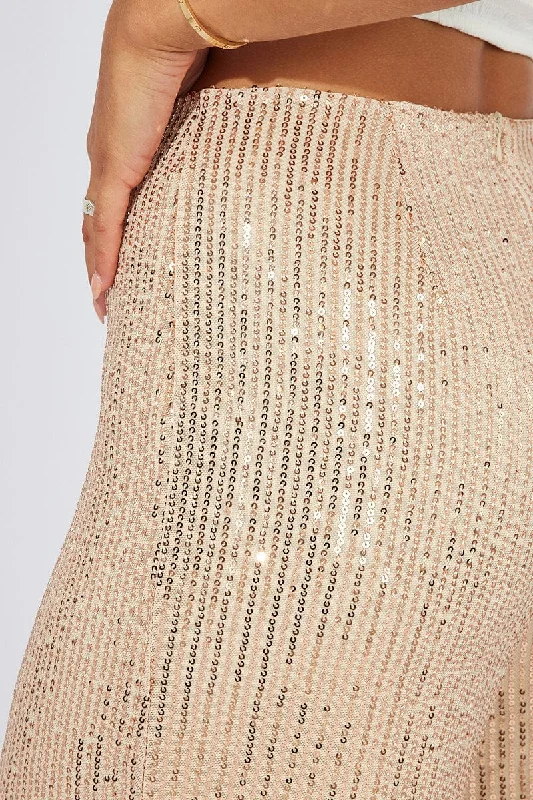 Beige Wide Leg Pants High Rise Sequin