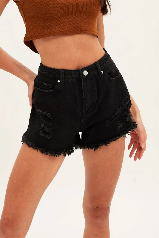 Black Denim Shorts High Rise Distressed Relaxed