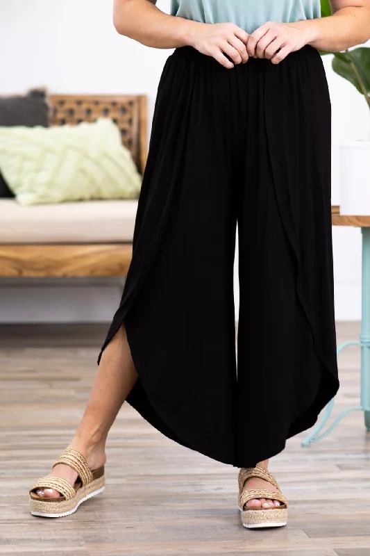 Black Dolphin Hem Knit Wide Leg Pants