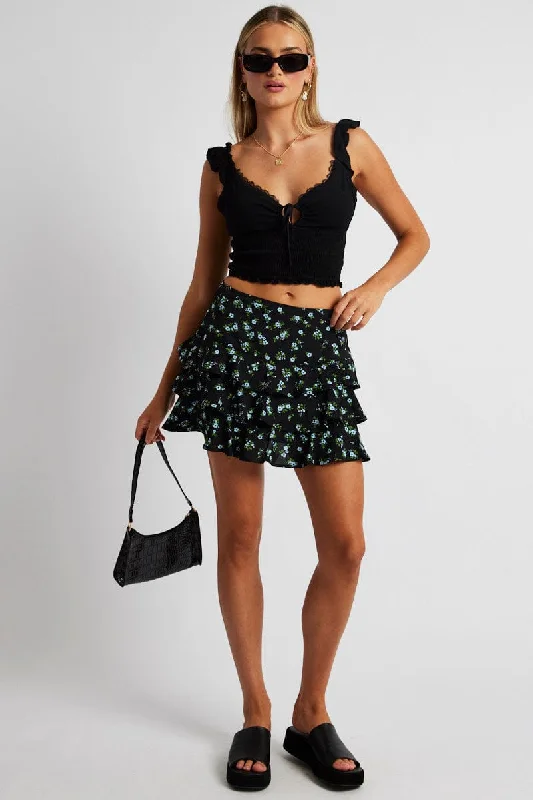 Black Floral Mini Skirt Frilled