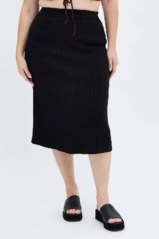 Black Knit Skirt Elastic Waist Midi Flare Rib