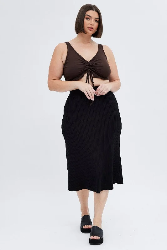 Black Knit Skirt Elastic Waist Midi Flare Rib