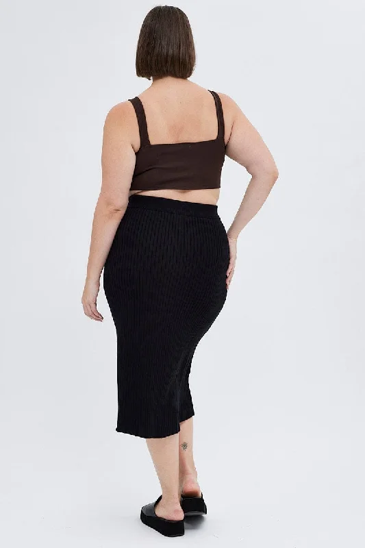 Black Knit Skirt Elastic Waist Midi Flare Rib