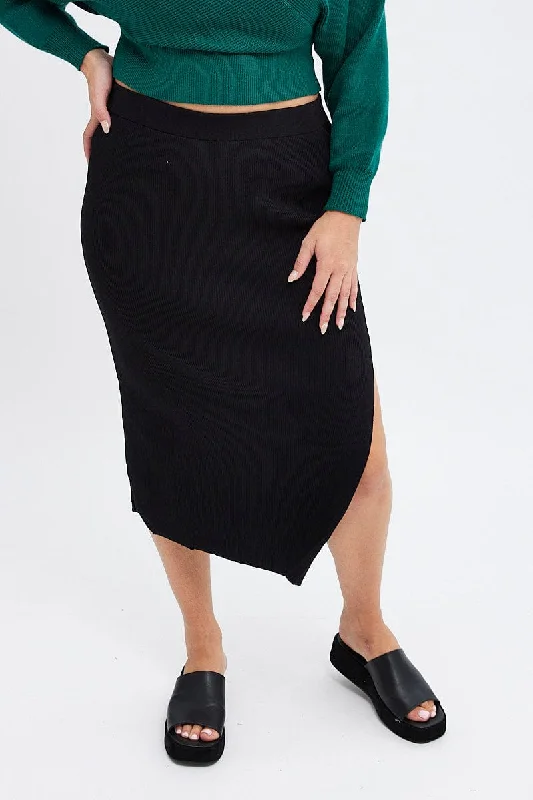 Black Knit Skirt Midi Side Split