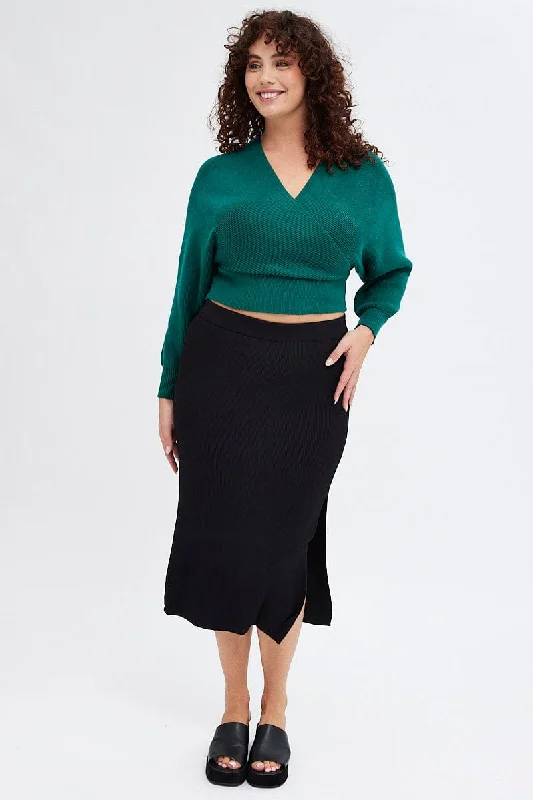 Black Knit Skirt Midi Side Split