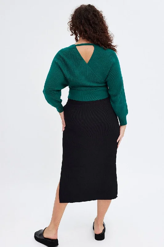 Black Knit Skirt Midi Side Split