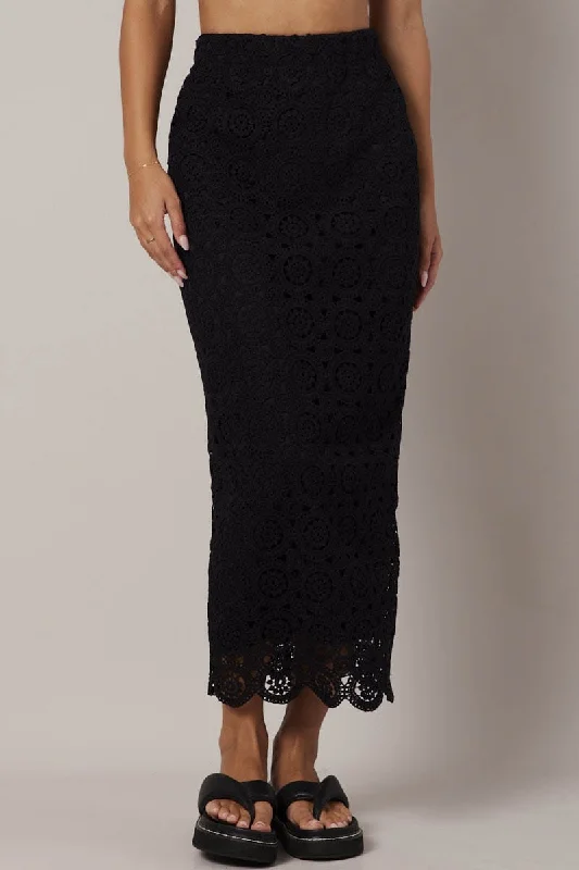 Black Midi Skirt High Rise Lace