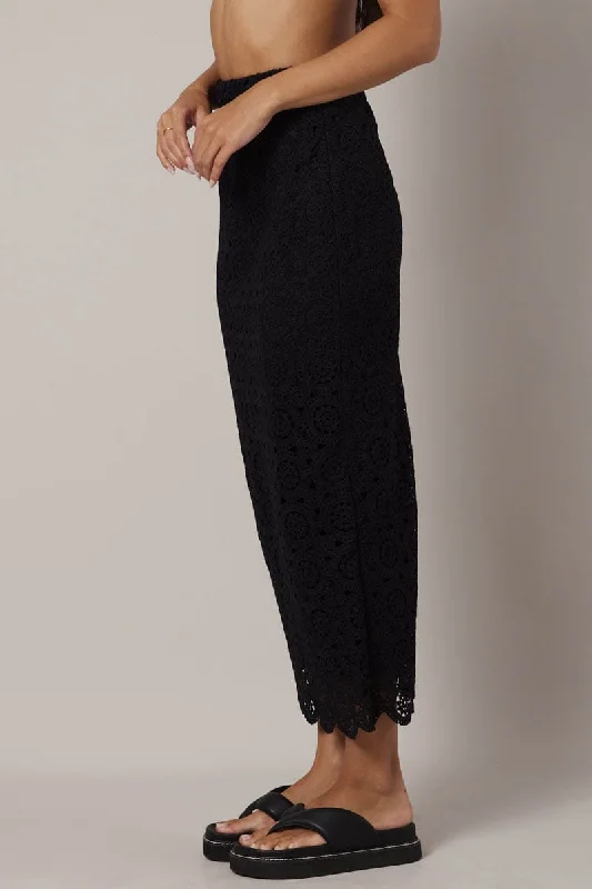 Black Midi Skirt High Rise Lace