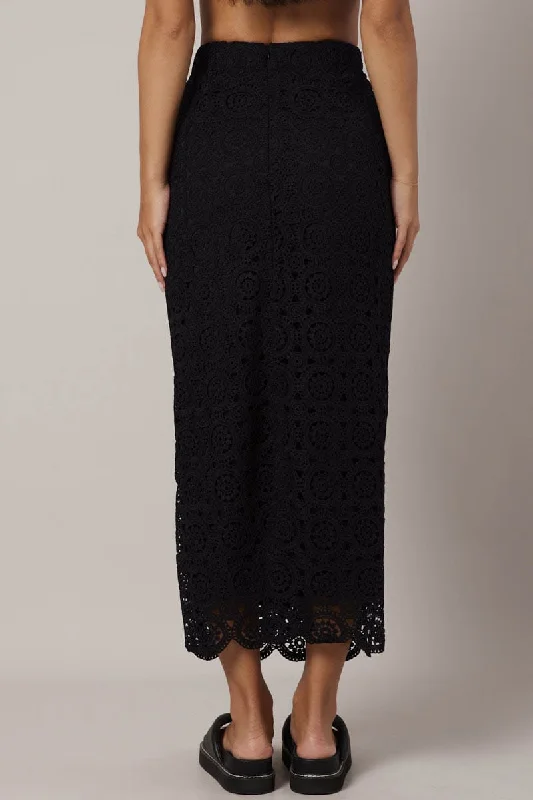 Black Midi Skirt High Rise Lace