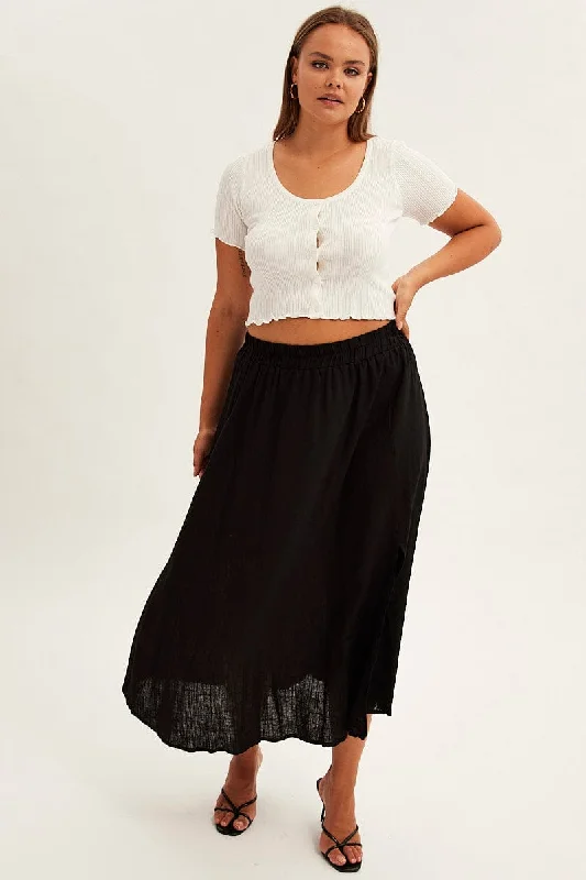 Black Midi Skirt High Waist Linen Blend