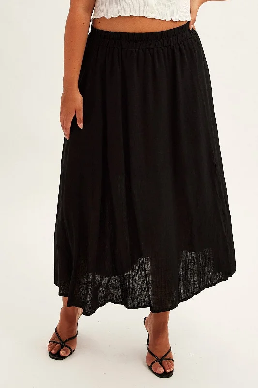 Black Midi Skirt High Waist Linen Blend