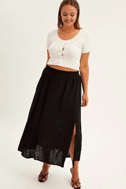 Black Midi Skirt High Waist Linen Blend