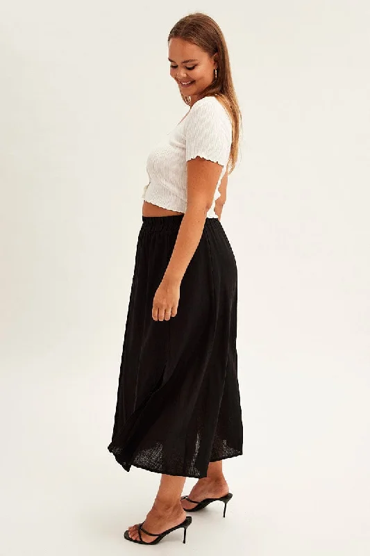 Black Midi Skirt High Waist Linen Blend