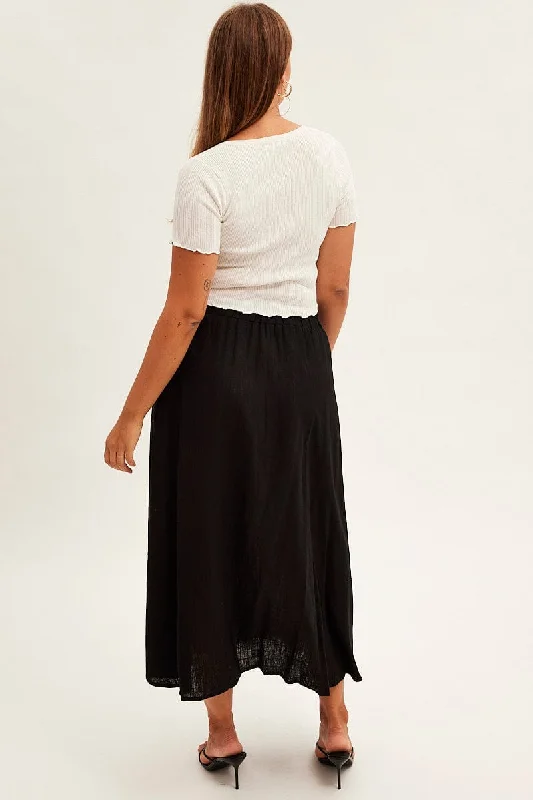 Black Midi Skirt High Waist Linen Blend