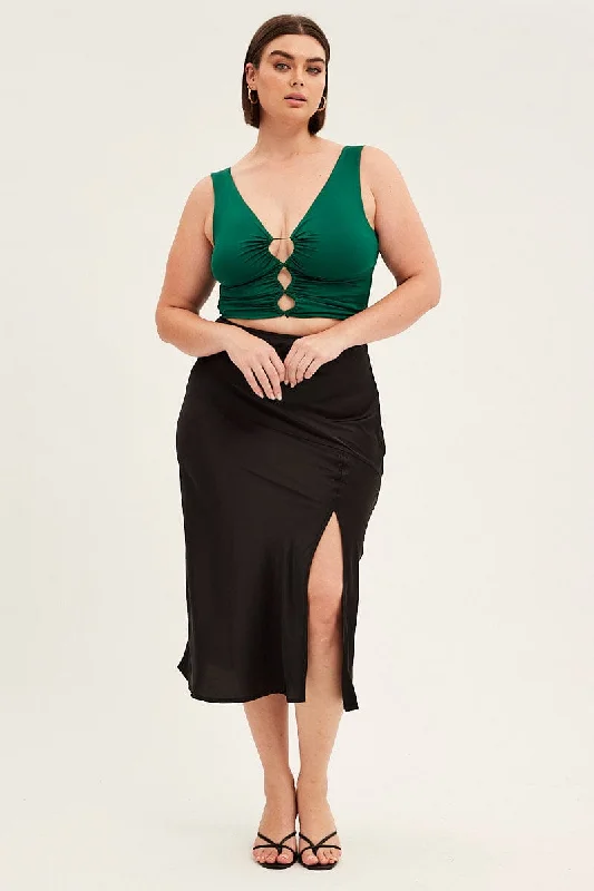 Black Midi Skirt High Waist Split Satin