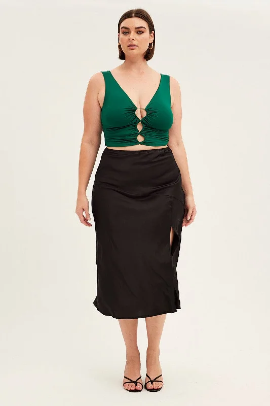 Black Midi Skirt High Waist Split Satin